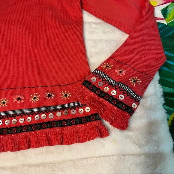 Icelandic Design M Coral Pink Red Floral Embroidered Sequin Full Zip Cardigan - Picture 13 of 13